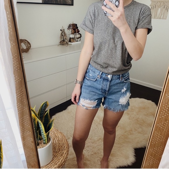 Topshop Ashley Ripped Boyfriend Button Up High Waisted Blue Shorts Holes Raw Hem - Picture 5 of 15